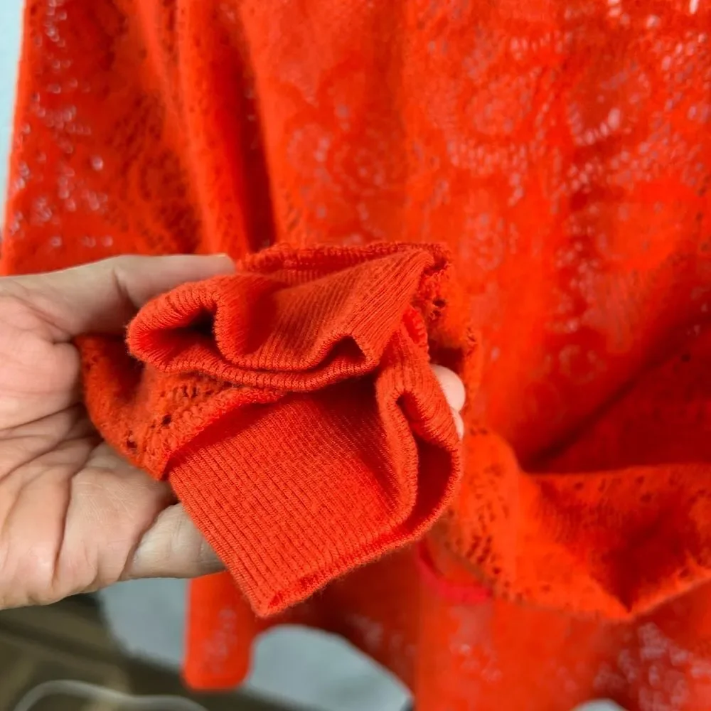 Free People Oversized Orange Long Sleeve Top Semi-Sheer Lacy Size XS Bohemian